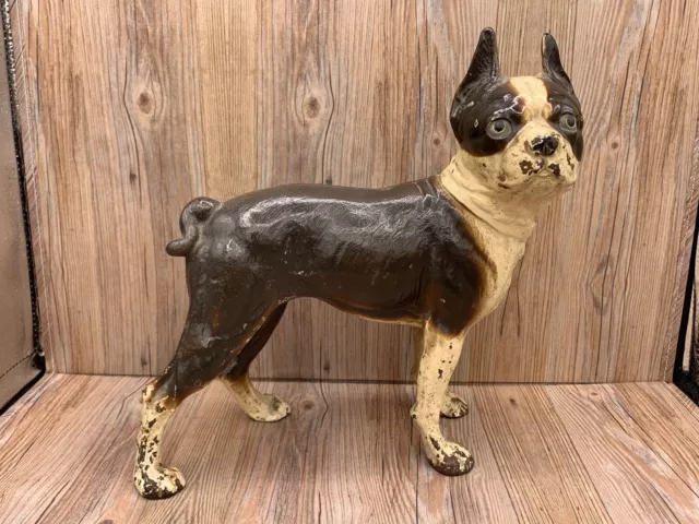 Large Cast Iron Boston Terrier Statue Doorstop Hubley Style Dog 10"