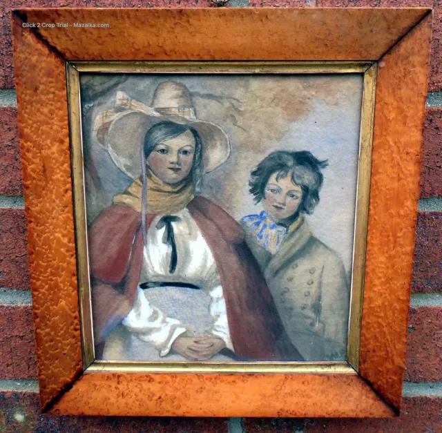 Georgian Regency antique birdseye maple framed watercolour painting young couple