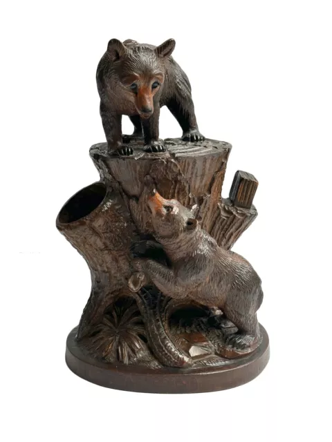 Tobacco Jar/ Pipe Holder With Bears Carved From Black Forest Walnut - circa 1890