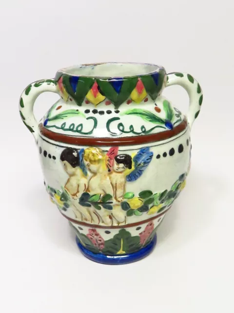 Vintage Made in Italy Pottery Double Handle Urn Planter Vase Cherubs Putti