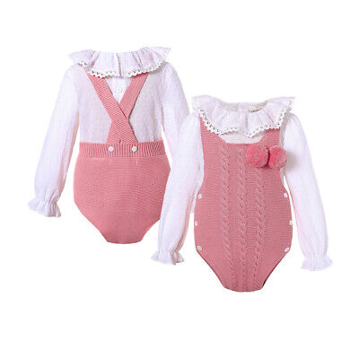 Infant Baby Girls Knitted Dark Pink Sweater Romper w/ White Shirt Outfit 3-18M