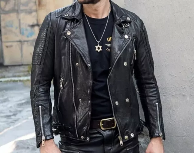 Mens Stylish Black Biker Real Leather Jacket Motorcycle Lambskin Leather Jacket