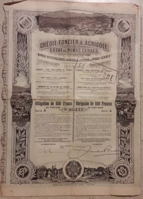 Brésil Obligation 500 F Crédit Foncier & Agricole De L'état De Minas Geraes 1911
