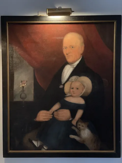STUNNING Early 19TH CENTURY AMERICAN FOLK Painting Father And Child An Pet Cat 3