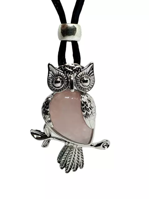 Owl Pendant Necklace Rose Quartz Natural Gemstone Cord Bead Healing Stone Chakra