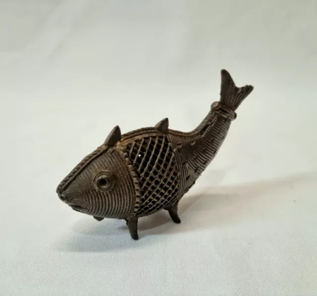 Vintage Indian cast bronze dhokra fish figurine using lost wax casting technique
