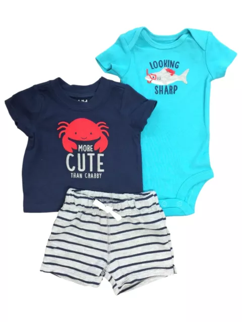 Carters Infant Boys 3pc Blue Shark & Crab Shirt Bodysuit & Shorts Set NB