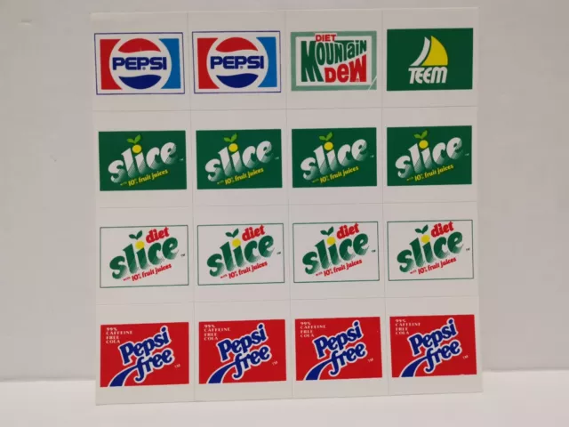 Vintage Slice Pepsi Teem Mountain Dew soda vending machine stickers , absolete