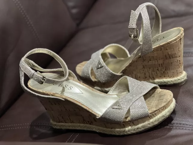GUESS GOLD GLITTER Cork Wedge Shoes, Size 6 $25.00 - PicClick