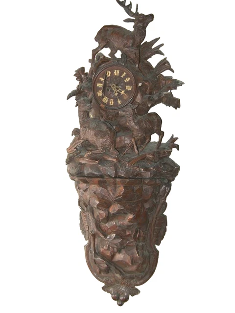 Antique french black forest style wood carved hunting clock XIX century