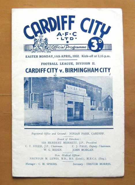 CARDIFF CITY, 1951/1952, a football programme from the fixture versus