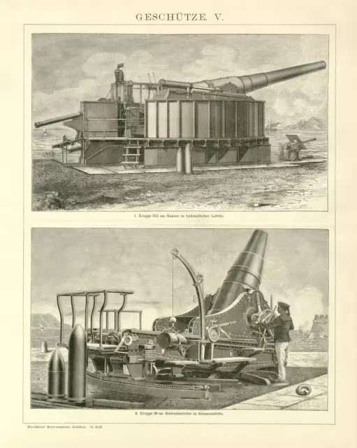 Geschütze Krupp Kanone Gruson Armstrong historische Bildtafel Holzstich ca. 1892