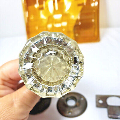 Vintage Antique Clear Glass Crystal Twelve Point Door Knob Handle & Hardware_B5