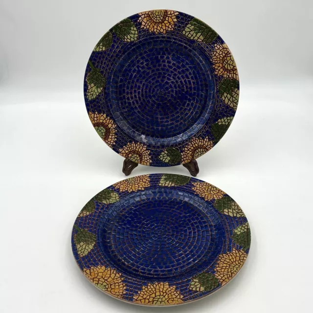 ND Hand Painted Mosaic Blue Sunflower Ceramic Dinner Plates 10.5 Inch Set of 2