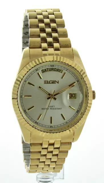 NIB New Old Stock Men’s Elgin Presidential Dress Watch Gold Tone Day And Date