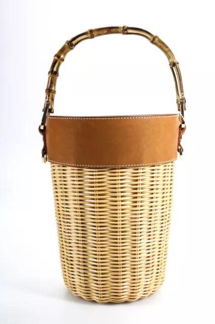 J. Mclaughlin Womens Straw Leather Trim Bamboo Handle Basket Handbag Beige