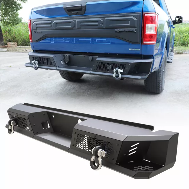 Black Steel Rear Bumper w/2*Shackles+4" Pod Lights For 2015-2020 Ford F150 F-150