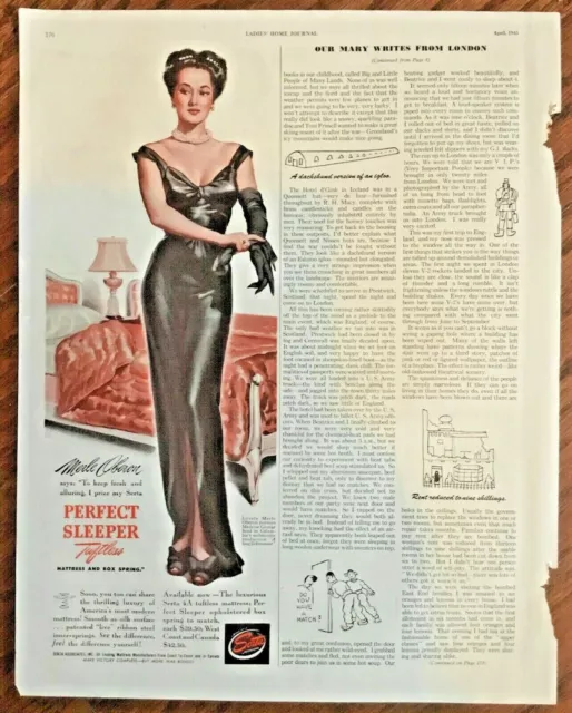 Merle Oberon Serta Perfect Sleeper ad 1945 vintage originl print 1940s retro art