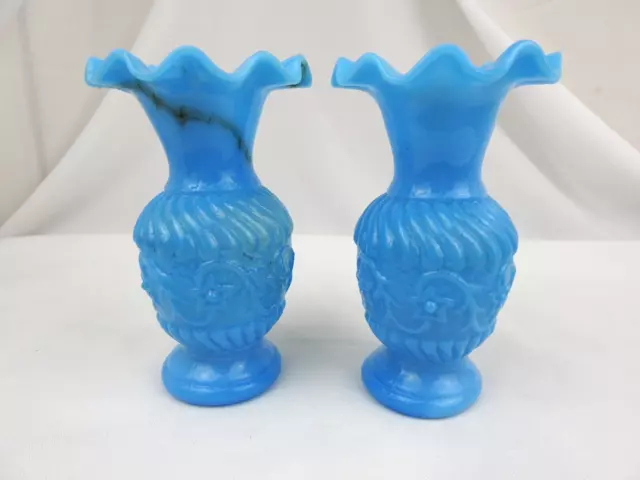 Pair Portieux Valleysthal? Blue Opaline Milk Glass Vases French Late Victorian