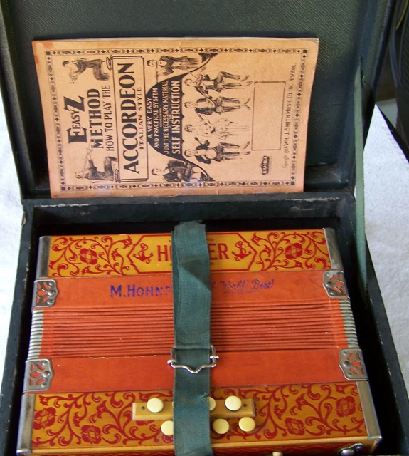 Vintage Hohner Accordian Marca Registrada With Case & Music Book