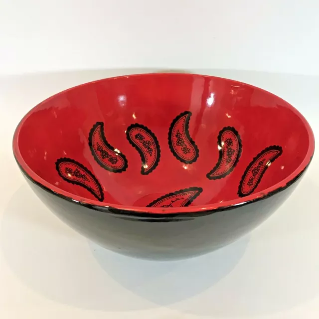 Large Red Paisley Ceramic Bowl Hand Painted Salad Pasta 11.75" Dia 6"H