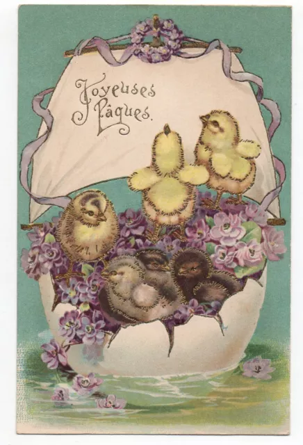 Carte Fantaisie - Old postcard - PAQUES Easter - Poussins et fleurs cp Gaufrée