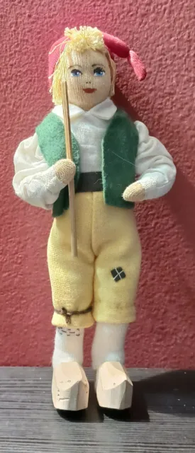 Vintage Charlotte Weilbull Boy Doll Akarp Sweden Wood Shoes, Red Hat Green Vest