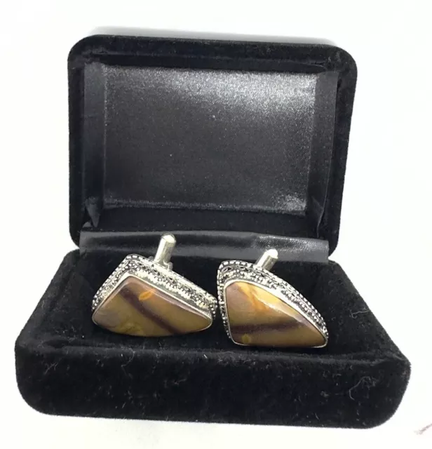 925 St.Silver  RETRO HANDMADE TIGER EYE GEMSTONE MEN’S CUFFLINKS UK SELLER-BOXED