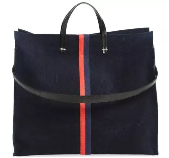 Clare V. Simple Perforated Tote Navy Suede Red Stripe Black Leather Bnip $550