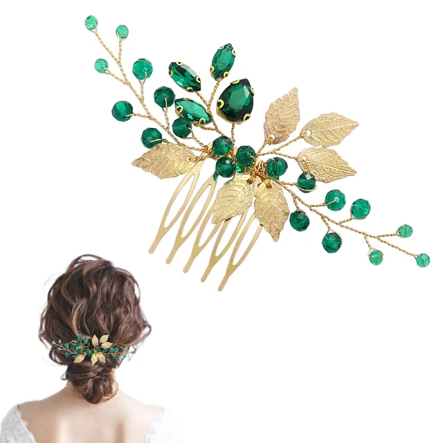 Bridal Hair Comb Emerald Green Crystal Gold Leaf Vine Hair Piece Accessoriess ..