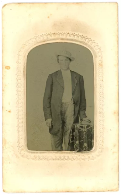 CIRCA 1860'S CDV Cartouche TINTYPE Handsome Young Man in Suit Coat Wearing Hat