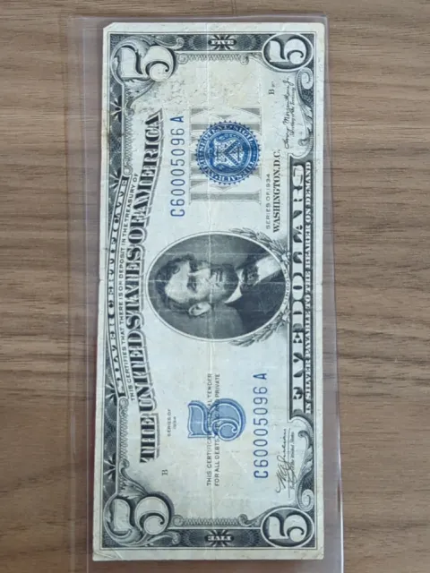 1934 C $5 Five Dollars Blue Seal Silver Certificate