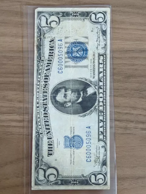 1934 C $5 Five Dollars Blue Seal Silver Certificate