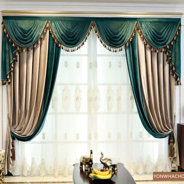 luxury villa beige green velvet cloth blackout curtain tulle valance drape