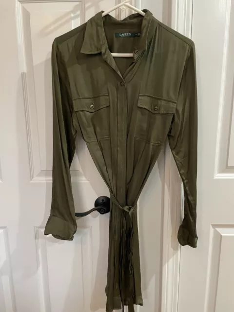 Ralph Lauren LAUREN Shirt Dress Size 12 Women Olive Green Button Satin Belt