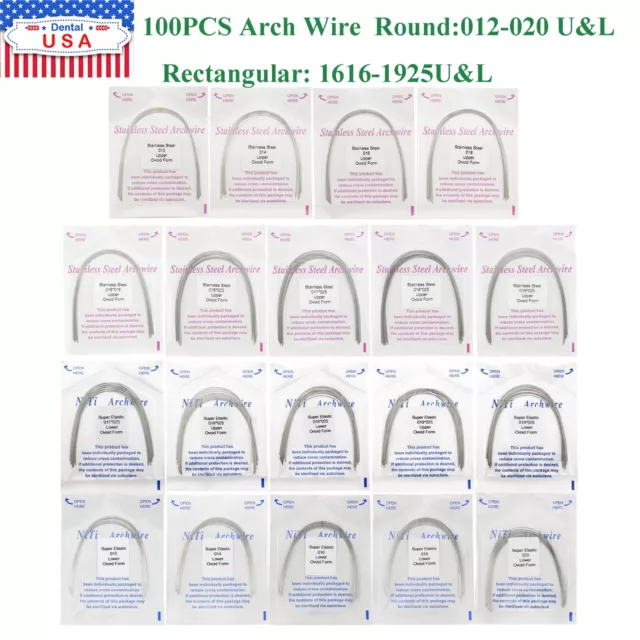 100Pcs Dental Orthodontic Arch Wire NiTi Stainless Steel Round Rectangular Ovoid