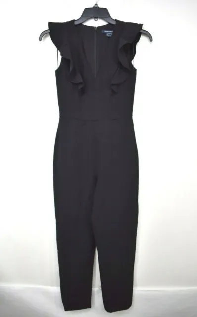 French Connection Women Black V-Neck Ruffled Cap Sleeves Back Zip Jumpsuit XXS/2