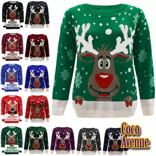 Nuovi saltatori di Natale Donna Ragazze Rudolph Renne Lavorati a Maglia Unisex Novità Natale