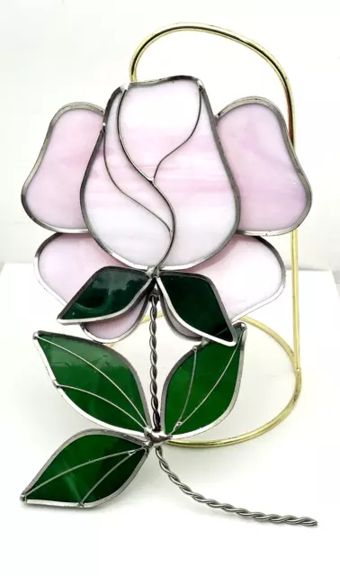 Stained Glass Suncatcher Window Hang Opalescent Pink Tulip Flower 7.5”