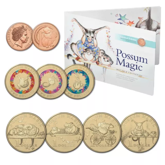 2017 Possum Magic 7 Coin Set - $2, $1 Dollar & 1 Cent Collection Australia