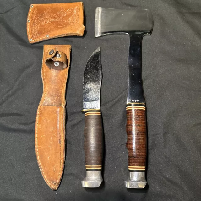 Vintage KA-BAR, USA, Hatchet/Fixed Blade Knife Set, W/Leather Sheath, Beautiful