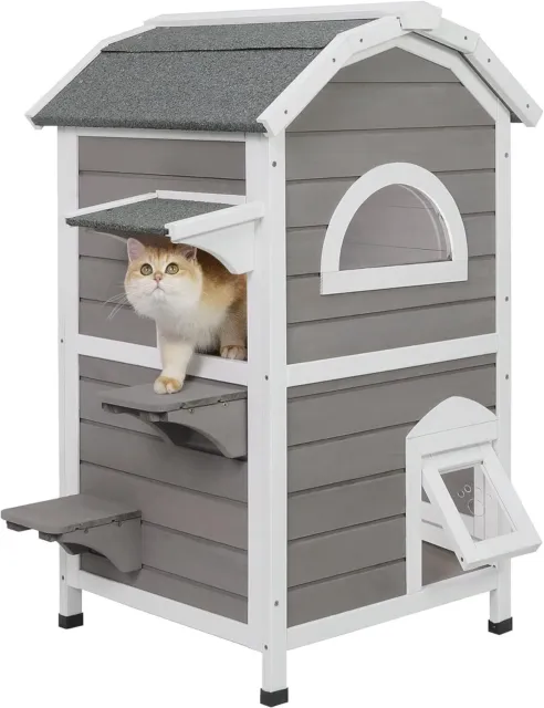 PetsCosset Cat House Two-Story Outside Wooden Feral Cat Shelter with Door，Grey