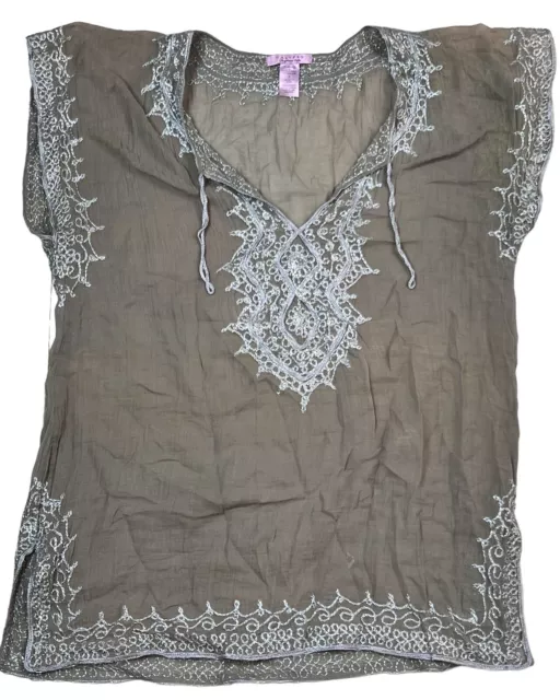 Calypso Christiane Celle Embroidered Tunic Top Blouse Gray Silver Thread Small