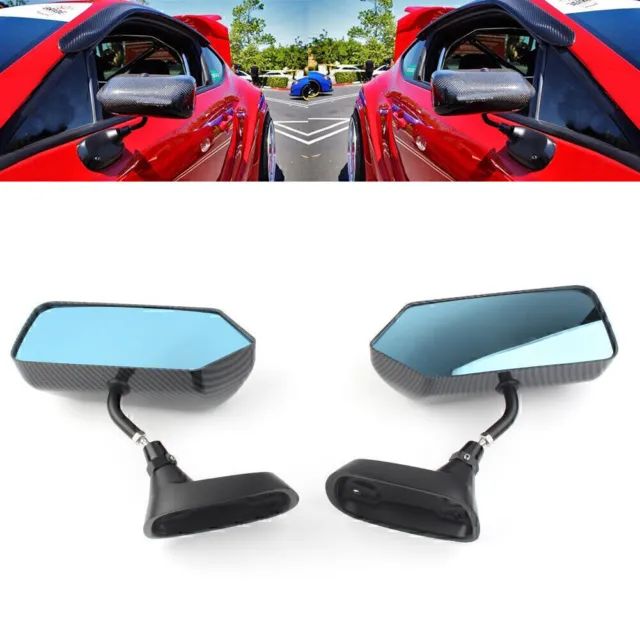 2x F1 Style Carbon Fiber Universal Side Blue Rearview Mirror Metal Bracket GZ