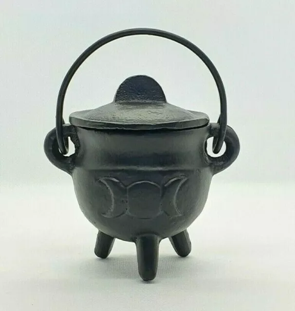 Cast iron CAULDRON with lid, HANDCRAFTED with TRIPLE MOON wicca altar tools