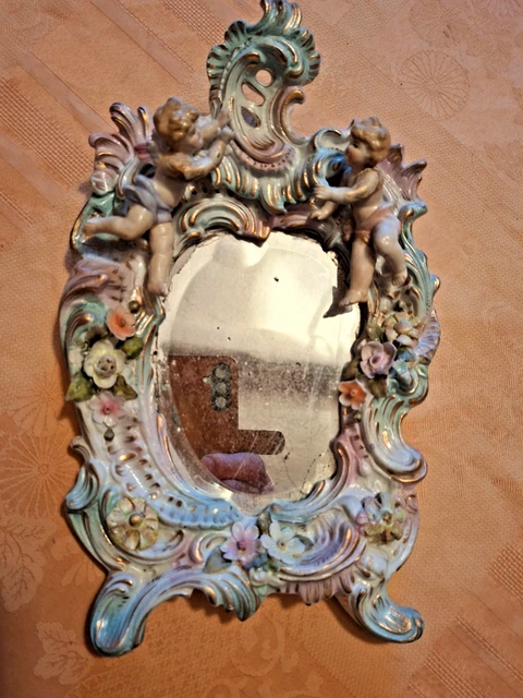 Petit miroir, pivotant sur socle en céramique, blanche, déco, fleurs, style vintage, diamètre 22 de hauteur et 12 de largeur - Décoration