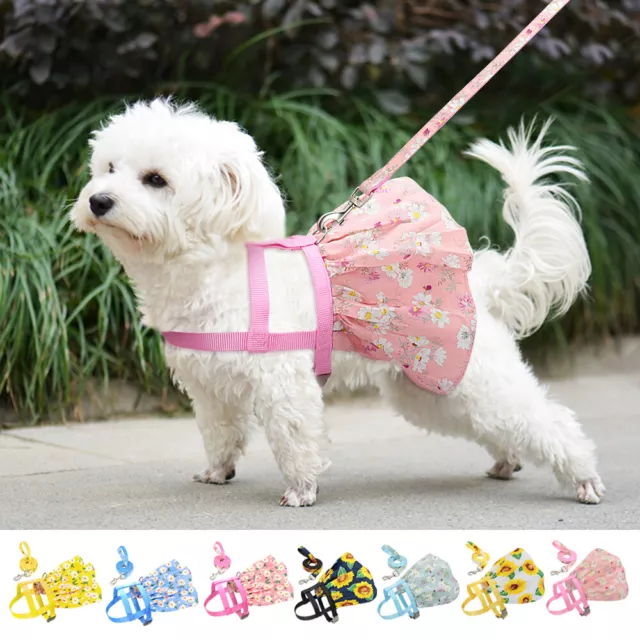 Fancy Floral Pet Dog Cat Harness and Lead Cute Dress Walking Vest Small Puppy