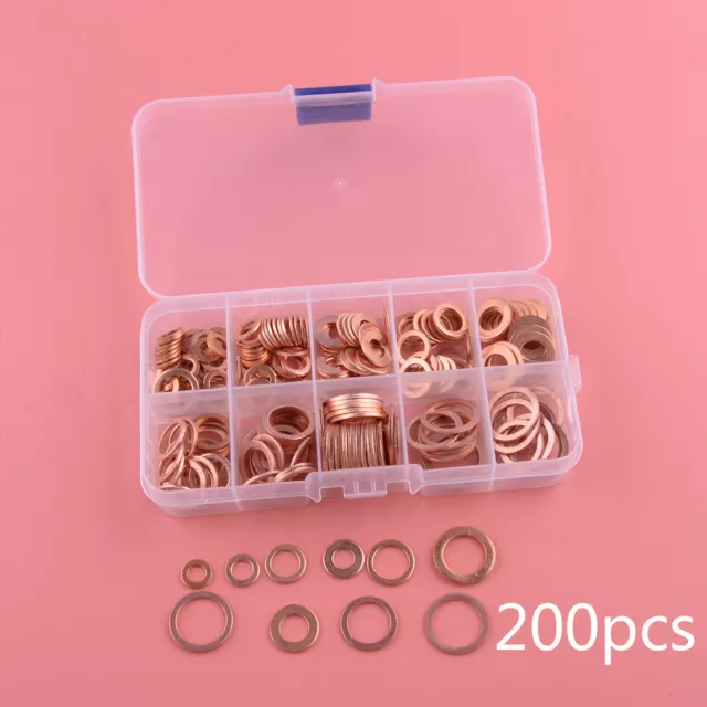 200Pcs Copper Washer M5-M14 9 Size Ring Sump Plug Oil Seal Assorted Set For Car