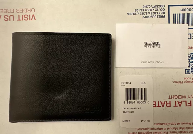 BLACK COACH DOUBLE BILLFOLD/WALLET  SPORT CALF LEATHER F75084 - New