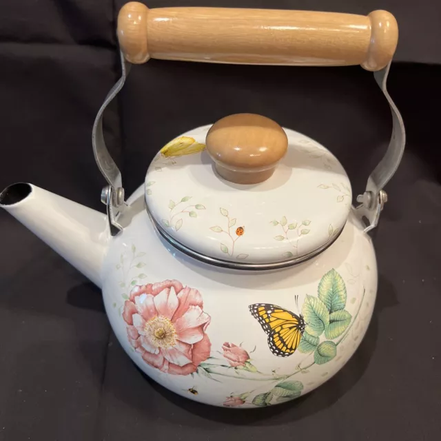 Lenox Butterfly Meadow Floral Enamel Tea Pot Teapot Kettle with Minor Issues